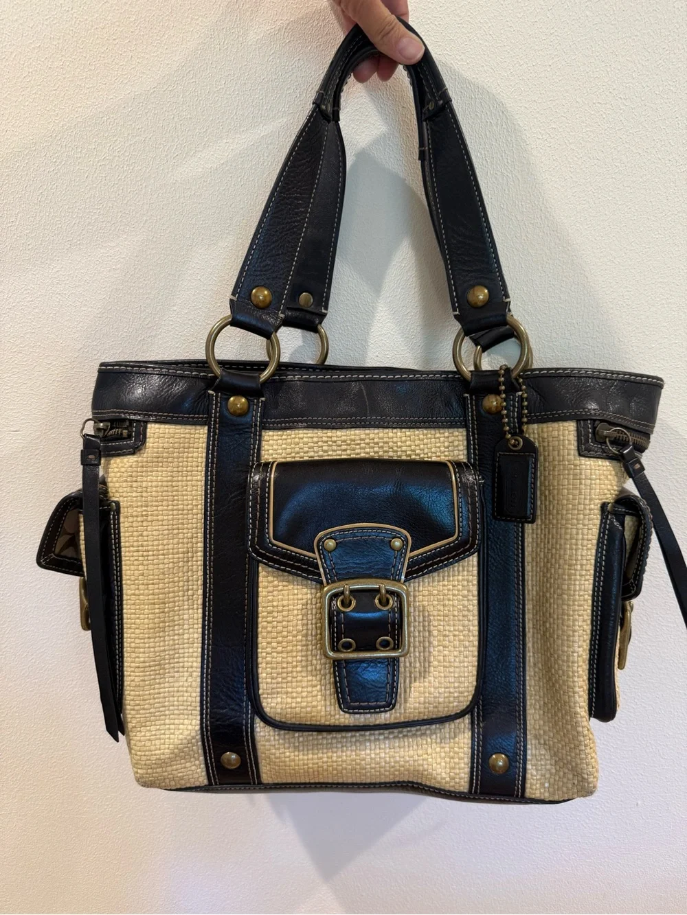 Coach legacy straw leather tote bag